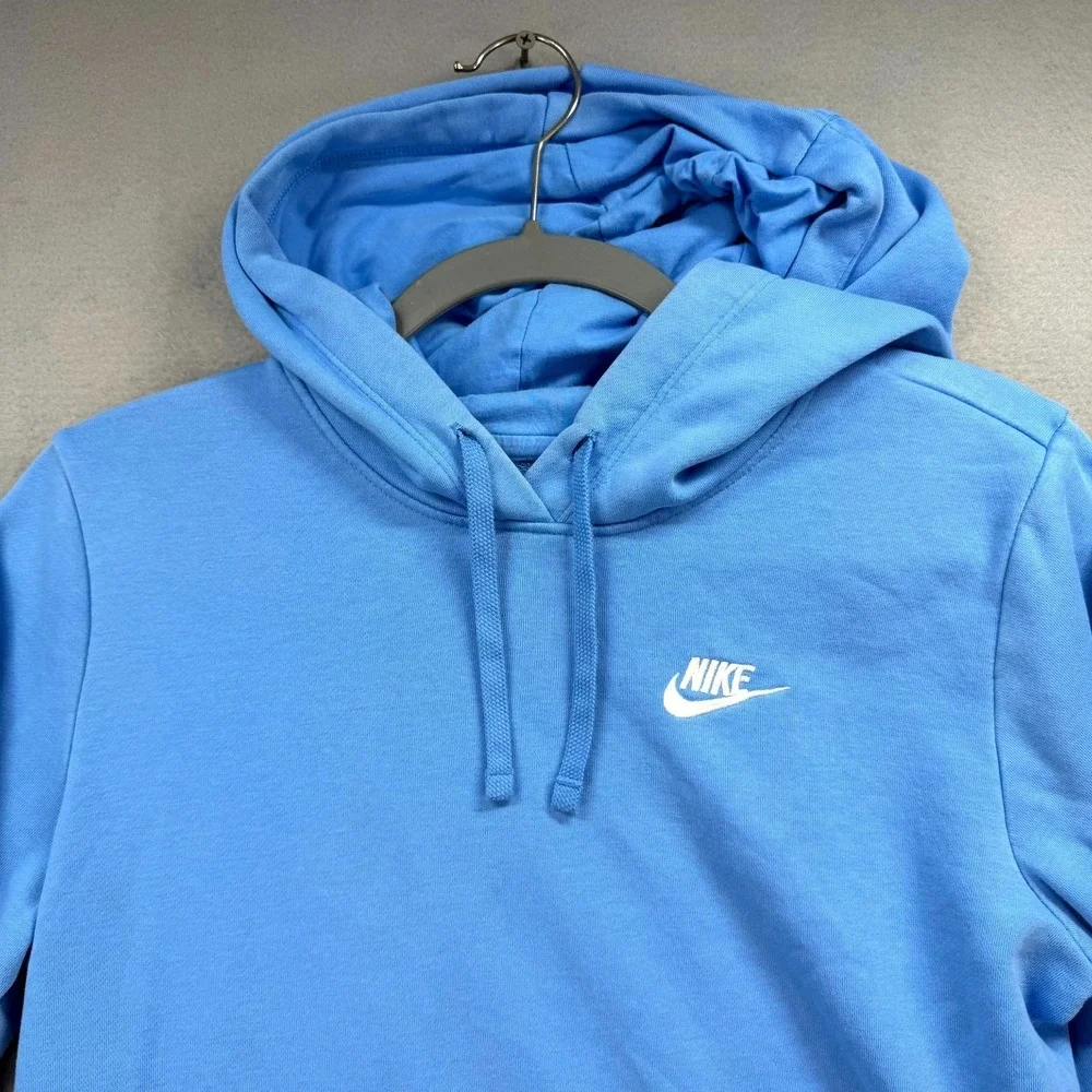 Nike Club Fleece Hoodie Womens Small Blue Script Logo Raglan Sleeve Sweatshirt‎